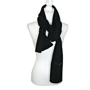 A New Day Scarf Black Ribbed Knit Long 78" Length Gray Pearl Accent Soft Acrylic